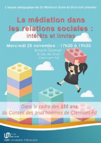 Table ronde médiation et relations sociales. Le mercredi 25 novembre 2015 à Clermont Ferrand. Puy-de-dome.  17H30